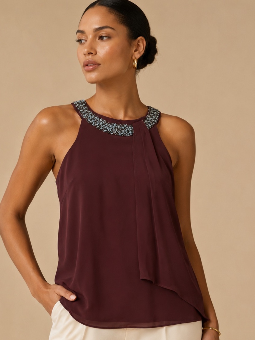 CB Established in 1962 Embellished Halter Camisole in Burgundy XL